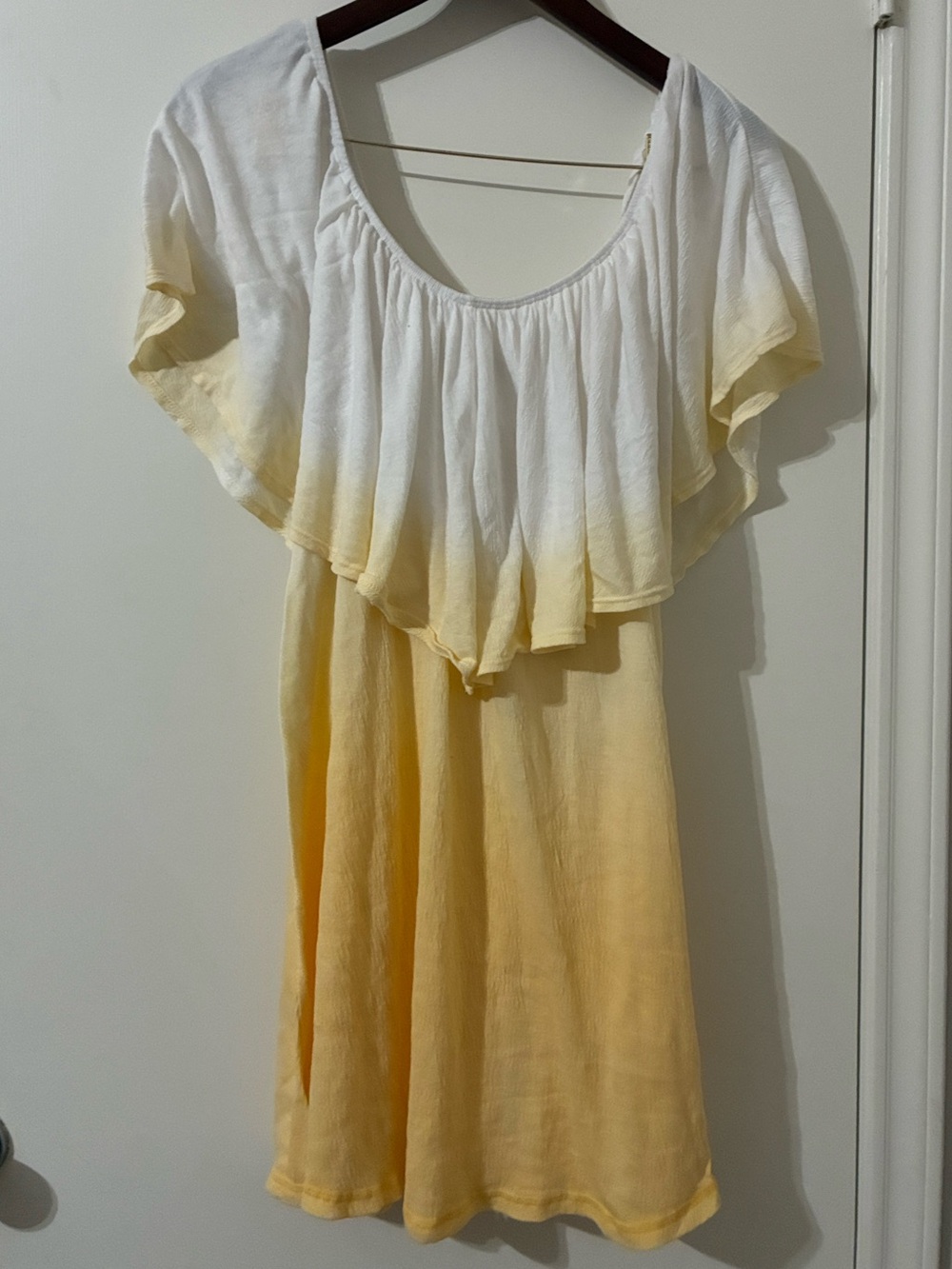 Easel Yellow White Ombre Dip Dye Ruffle Off-Shoulder Mini Dress Tunic Size M